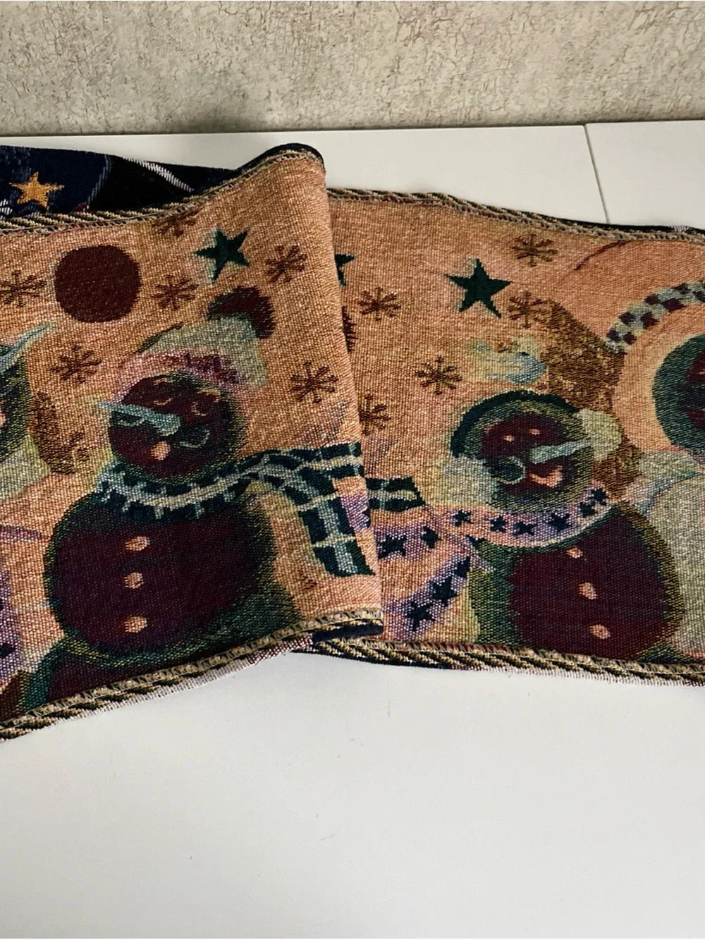 Tapestry Christmas Table Runner Christmas  Caroling Snowman Snowflakes 12”x66”